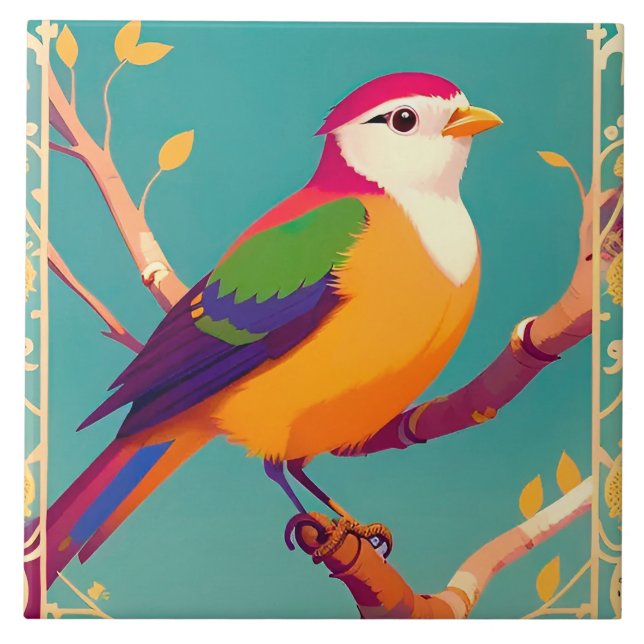 Colourful Songbird Perched on Blossoming Branch Tile (Front)