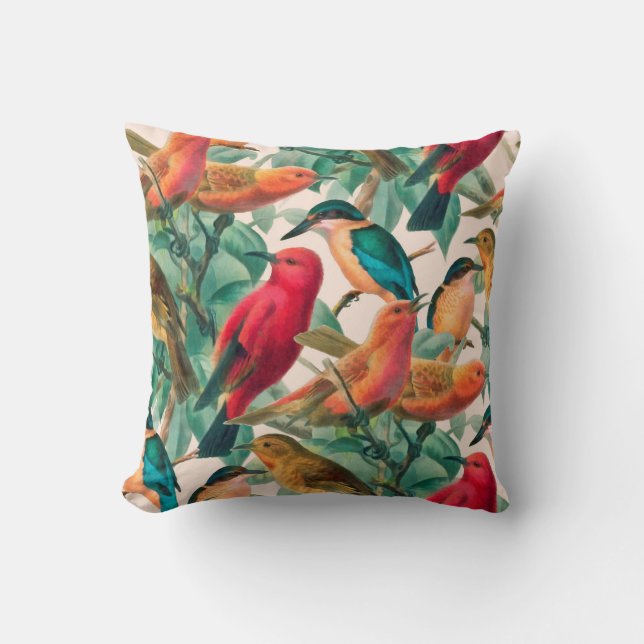 Colourful Songbirds & Green Leaves Pattern  Cushion (Front)