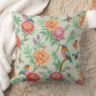 Colourful Songbirds Orange Flowers Green Leaves Cushion