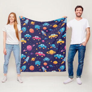 Colourful Space Adventure With Cars, Rockets Fleece Blanket