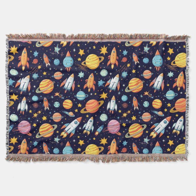 Colourful Space Exploration Pattern Throw Blanket (Front)
