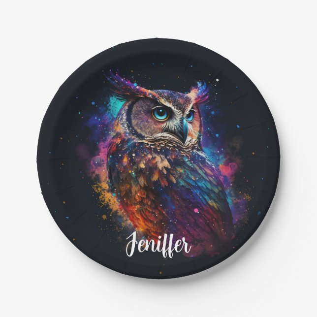 Colourful Space Owl                                Paper Plate (Front)
