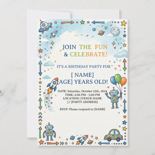 Colourful Space Rocket & Robot Blank Birthday Part Invitation (Front)
