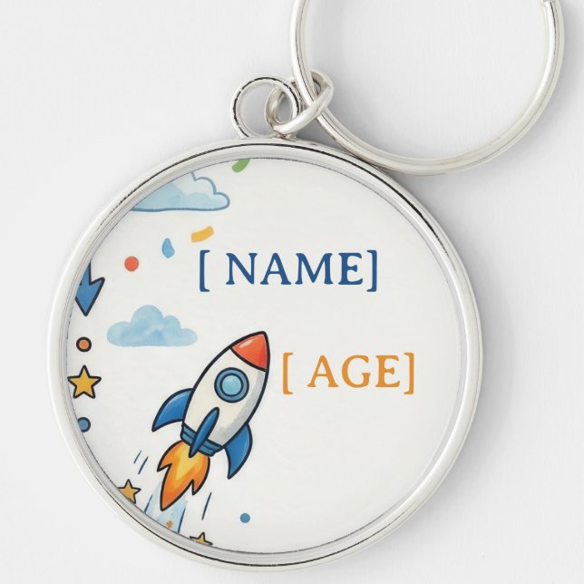 Colourful Space Rocket & Robot Blank Birthday Part Key Ring (Front)