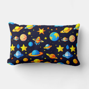 Colourful Space Theme Illustration With Planets Lumbar Cushion