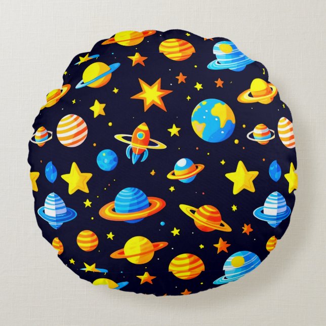 Colourful Space Theme With Planets Round Cushion (Front)