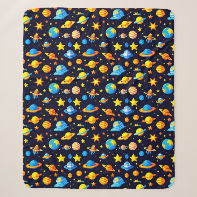 Colourful Space Theme With Planets Sherpa Blanket (Front)