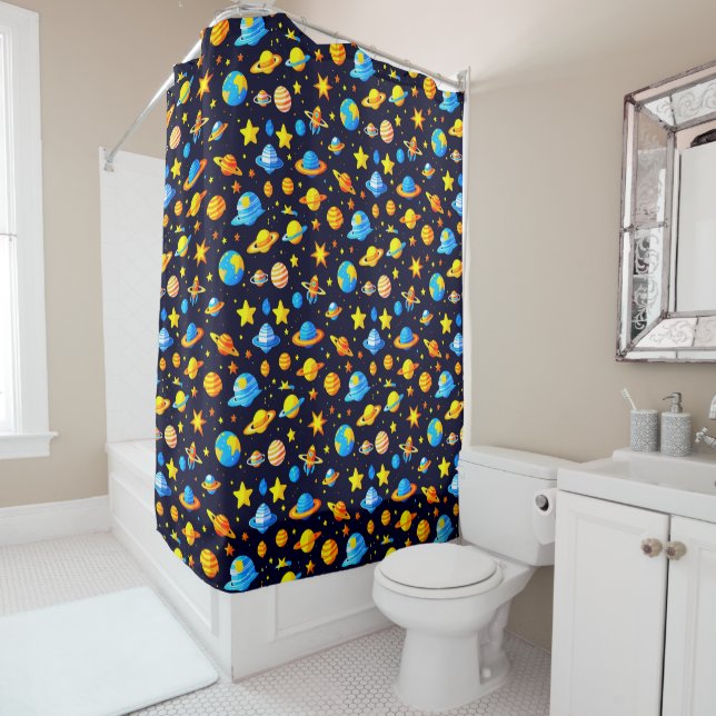 Colourful Space Theme With Planets Shower Curtain (In Situ)