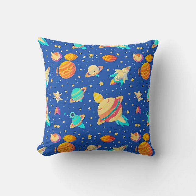 Colourful Space-themed Pattern with Planets Cushion (Front)