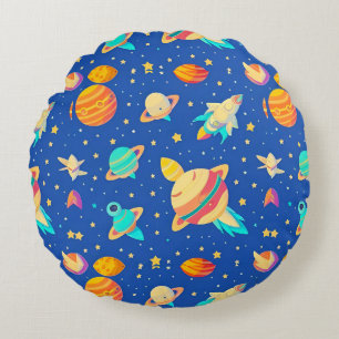 Colourful Space-themed Pattern with Planets Round Cushion
