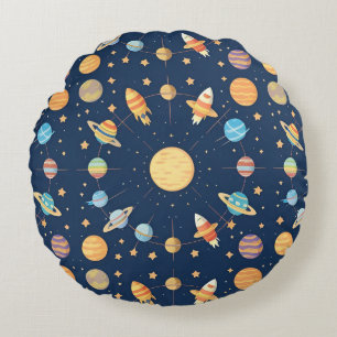 Colourful Space-themed Pattern with Planets Round Cushion