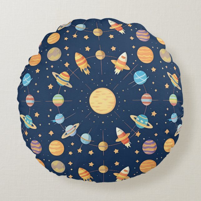 Colourful Space-themed Pattern with Planets Round Cushion (Front)