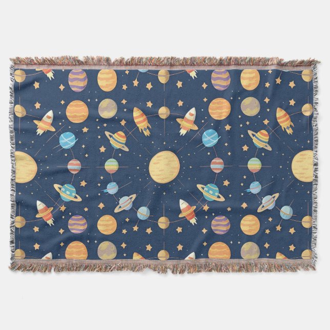 Colourful Space-themed Pattern with Planets Throw Blanket (Front)