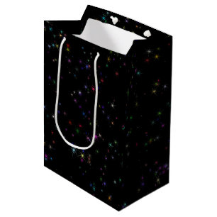 Colourful sparkling stars in night sky black desig medium gift bag