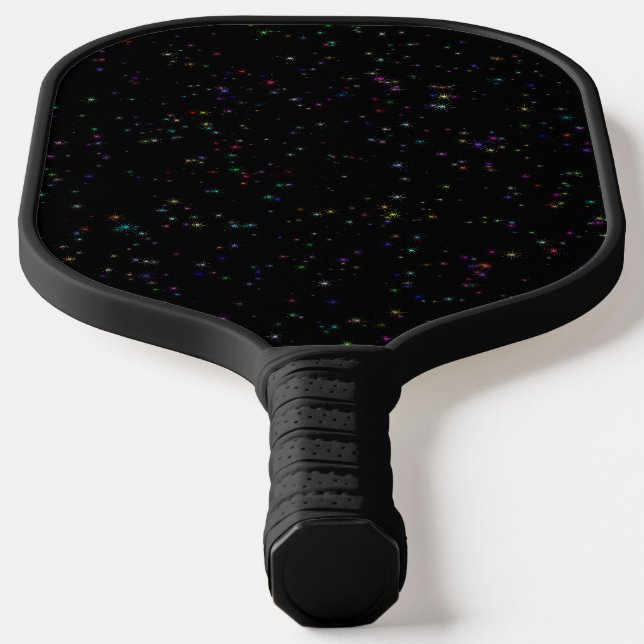 Colourful sparkling stars in night sky black desig pickleball paddle (Laydown)
