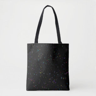 Colourful sparkling stars in night sky black desig tote bag