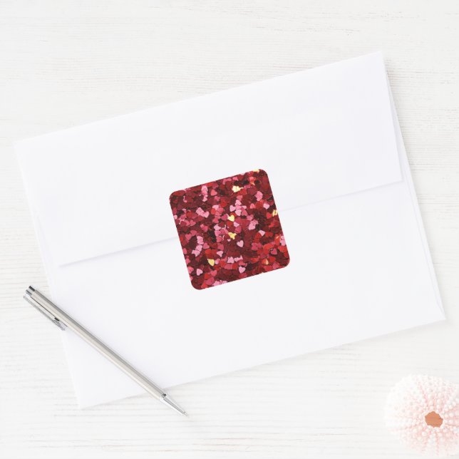 Colourful Sparkling Whimsical Hearts Red Pink  Square Sticker (Envelope)