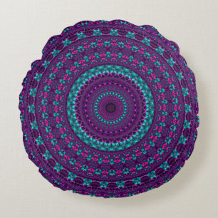 Colourful Sparkly Jewel Tone Mandala Digital Art Round Cushion