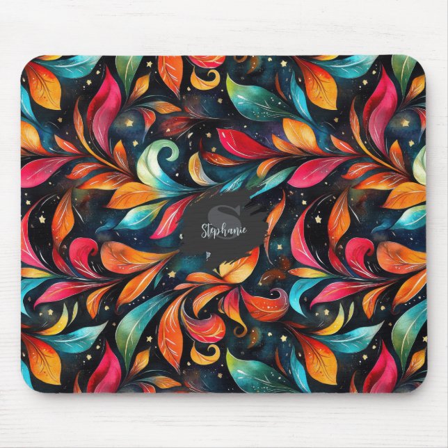 Colourful Sparkly Leaves Pattern - Black Backgroun Mouse Pad (Front)