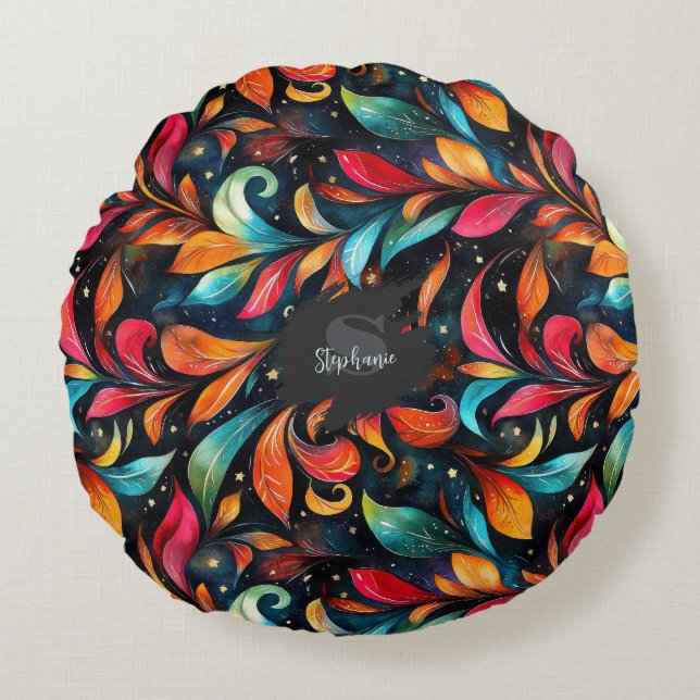 Colourful Sparkly Leaves Pattern - Black Backgroun Round Cushion (Front)
