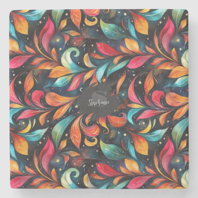 Colourful Sparkly Leaves Pattern - Black Backgroun Stone Coaster (Front)