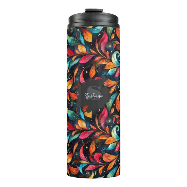 Colourful Sparkly Leaves Pattern - Black Backgroun Thermal Tumbler (Front)