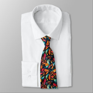 Colourful Sparkly Leaves Pattern - Black Backgroun Tie
