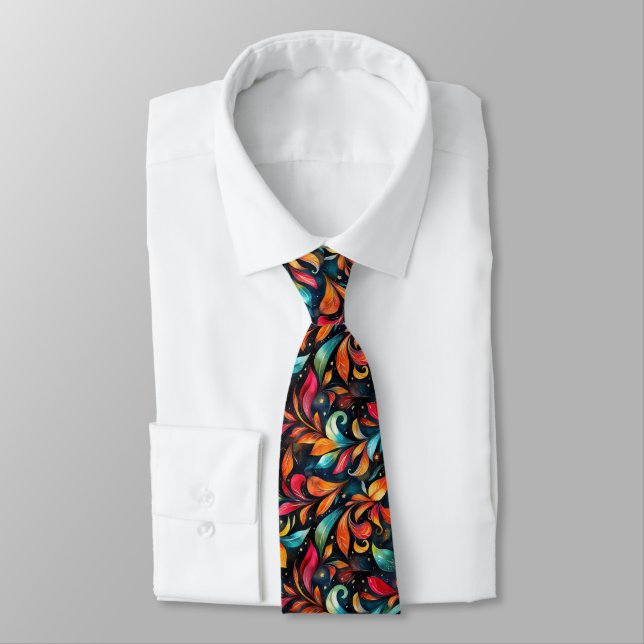 Colourful Sparkly Leaves Pattern - Black Backgroun Tie (Tied)