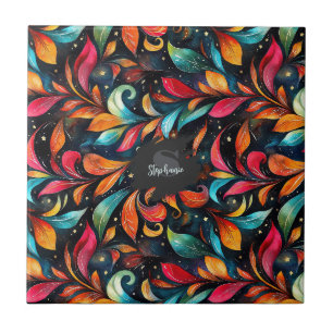 Colourful Sparkly Leaves Pattern - Black Backgroun Tile