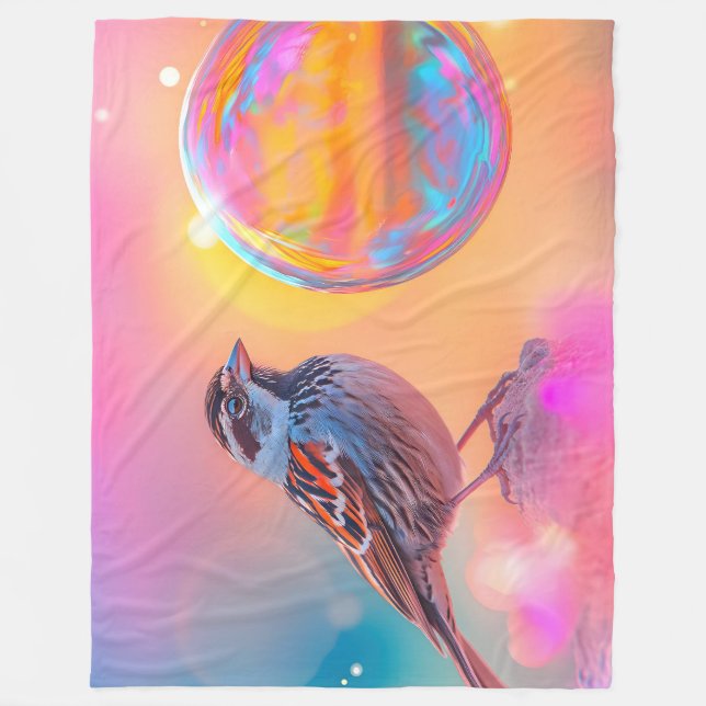 Colourful Sparrow and Rainbow Bubble  Fleece Blanket (Front)