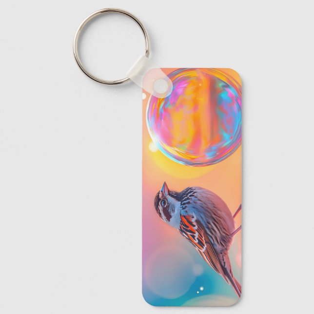 Colourful Sparrow and Rainbow Bubble  Key Ring (Front)