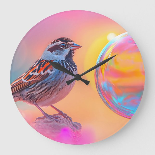 Colourful Sparrow and Rainbow Bubble  Large Clock (Front)