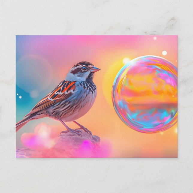 Colourful Sparrow and Rainbow Bubble  Postcard (Front)