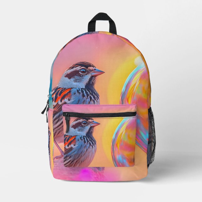 Colourful Sparrow and Rainbow Bubble  Printed Backpack (Front)