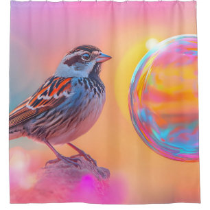 Colourful Sparrow and Rainbow Bubble Shower Curtain
