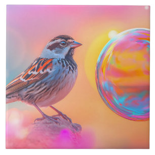 Colourful Sparrow and Rainbow Bubble Tile