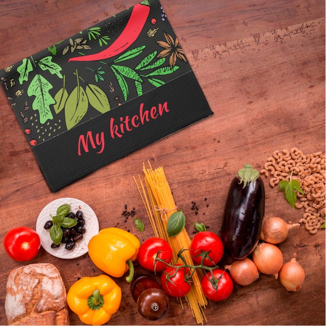 Colourful spices pattern name  black Kitchen Towel (Creator Uploaded)