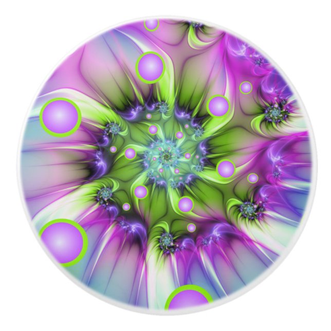 Colourful Spiral Round Shapes Abstract Fractal Art Ceramic Knob (Front)