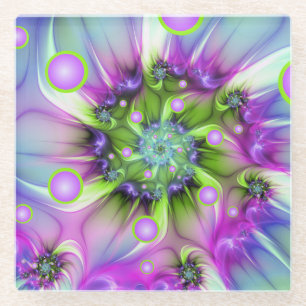 Colourful Spiral Round Shapes Abstract Fractal Art Glass Coaster