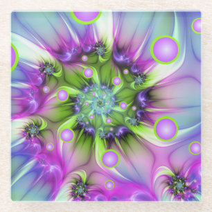 Colourful Spiral Round Shapes Abstract Fractal Art Glass Coaster