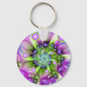 Colourful Spiral Round Shapes Abstract Fractal Art Key Ring