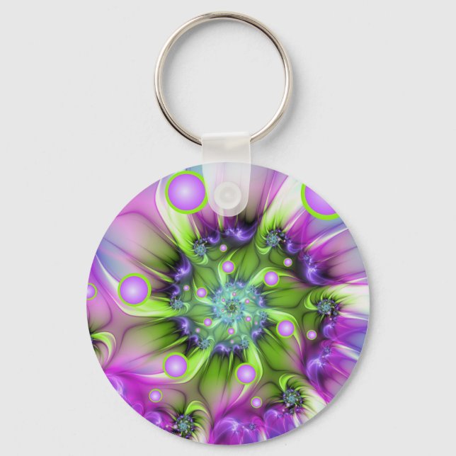 Colourful Spiral Round Shapes Abstract Fractal Art Key Ring (Front)