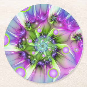 Colourful Spiral Round Shapes Abstract Fractal Art Paper Coaster