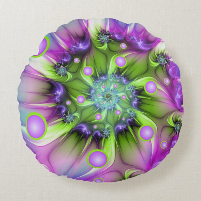 Colourful Spiral Round Shapes Abstract Fractal Art Round Cushion (Front)