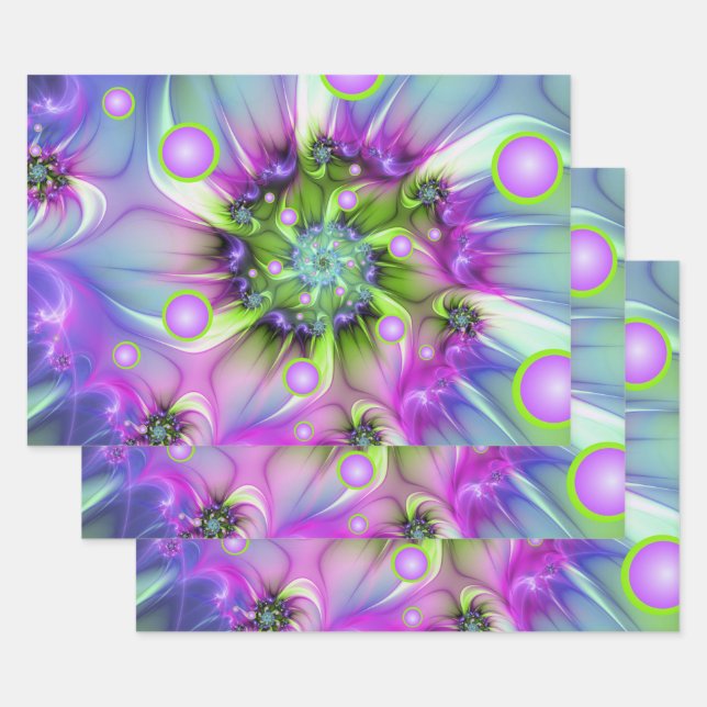 Colourful Spiral Round Shapes Abstract Fractal Art Wrapping Paper Sheet (Set)