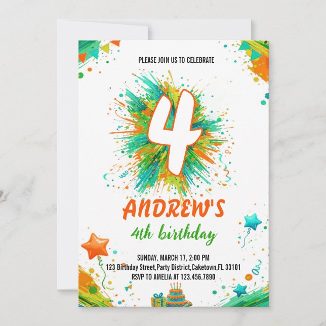 Colourful Splatter Paint Art Boy Birthday Invitation (Front)