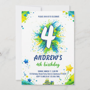 Colourful Splatter Paint Boy Blue Green Birthday Invitation