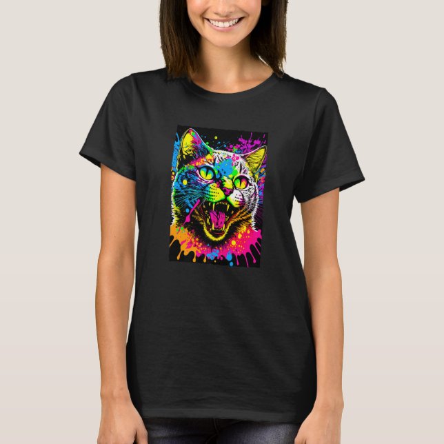 Colourful Splatter Paint Cat  80s Style T-Shirt (Front)