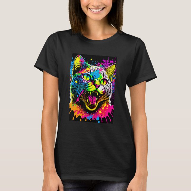 Colourful Splatter Paint Cat 80s Style T-Shirt (Front)