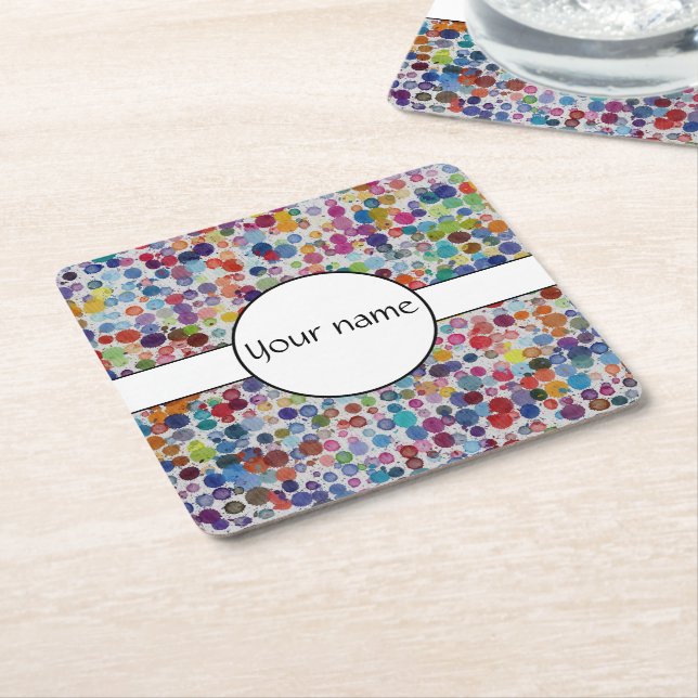 Colourful splatters abstract design square paper coaster (Angled)